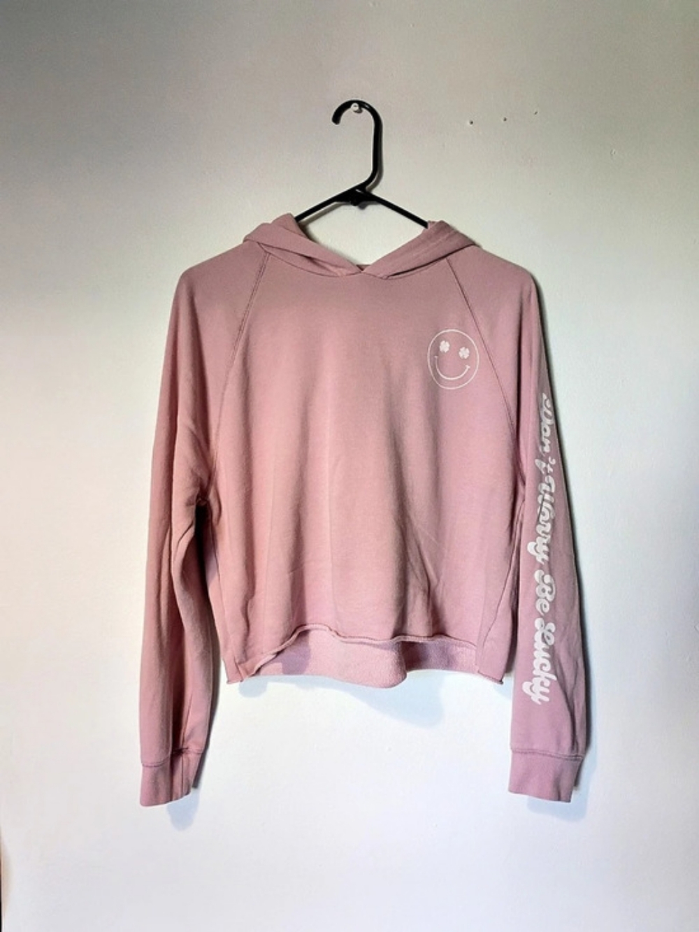 Lucky Brand Don't Worry Be Lucky Smiley Face Hoodie Pink Small